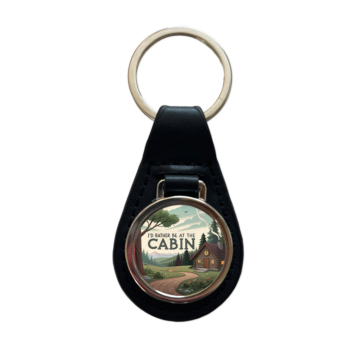 I'd Rather Be At The Cabin In The Woods Black Leather Metal Keychain