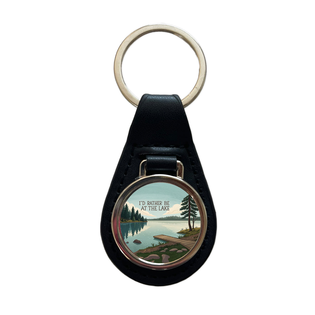 I'd Rather Be At The Lake Black Leather Metal Keychain