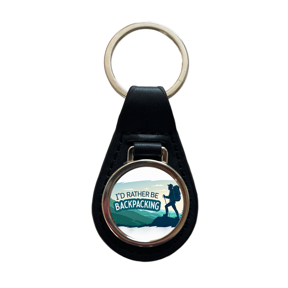 I'd Rather Be Backpacking Traveling Hiking Black Leather Metal Keychain
