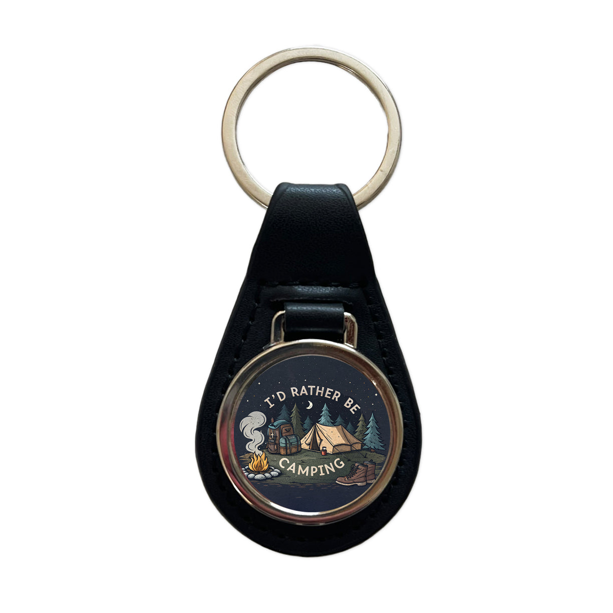 I'd Rather Be Camping Outdoors Hiking Black Leather Metal Keychain