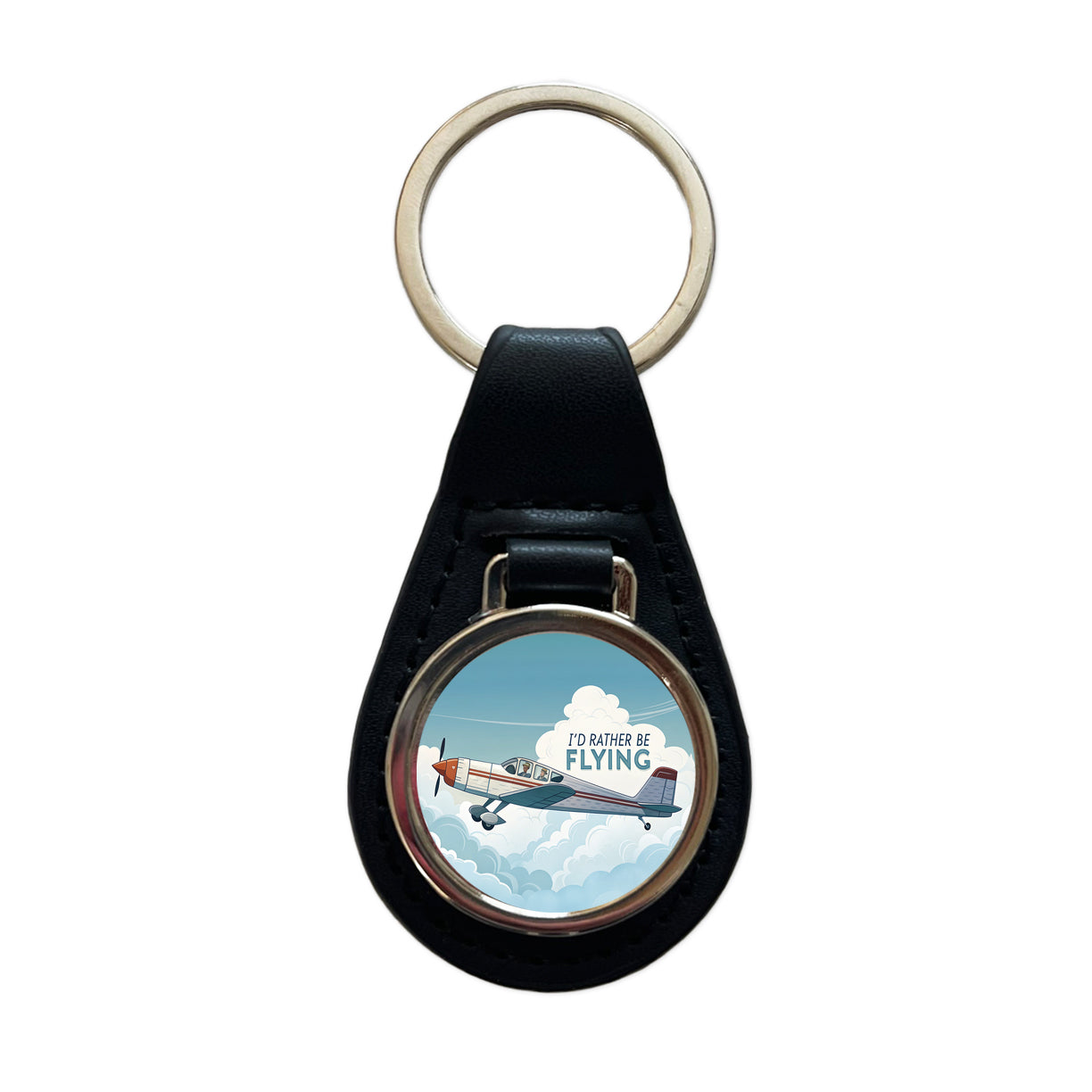 I'd Rather Be Flying Airplane Pilot Black Leather Metal Keychain