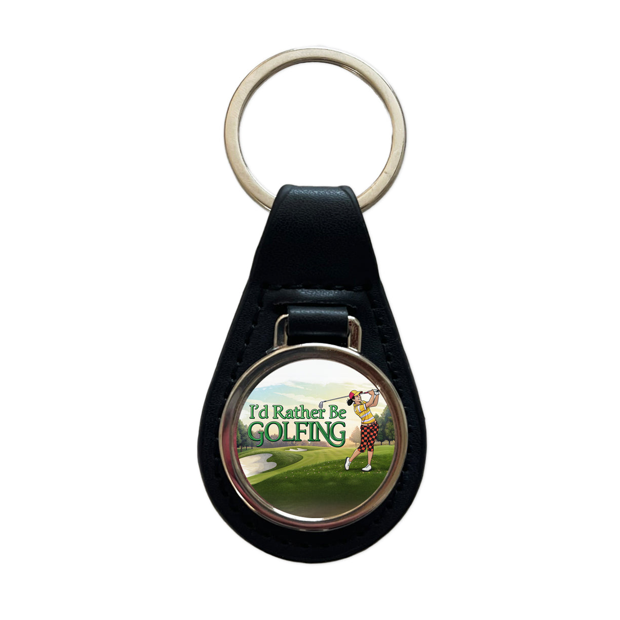 I'd Rather Be Golfing Woman Golfer Black Leather Metal Keychain