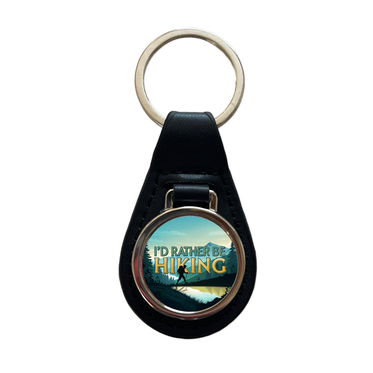 I'd Rather Be Hiking Mountains Black Leather Metal Keychain