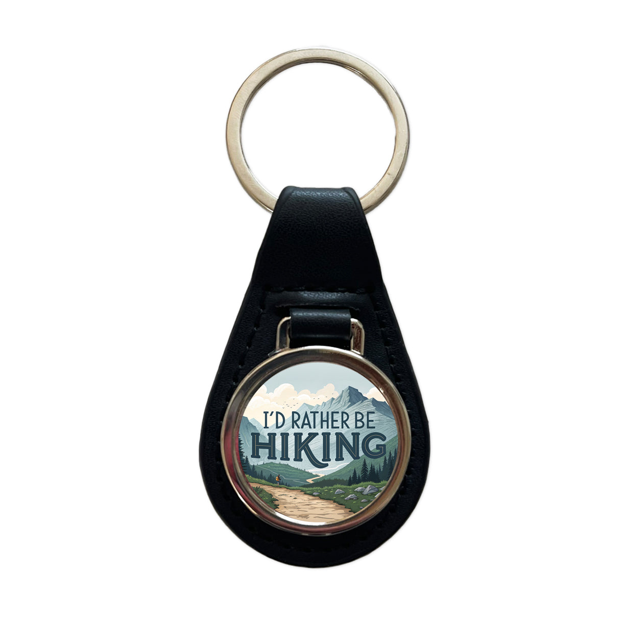 I'd Rather Be Hiking Trails Mountains Black Leather Metal Keychain