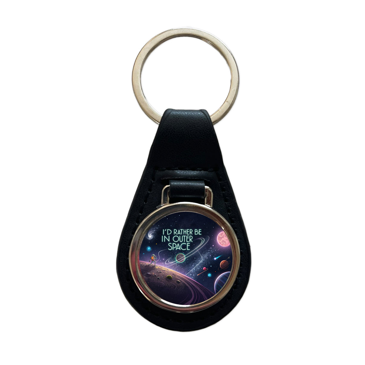 I'd Rather Be In Outer Space Sci-fi Black Leather Metal Keychain