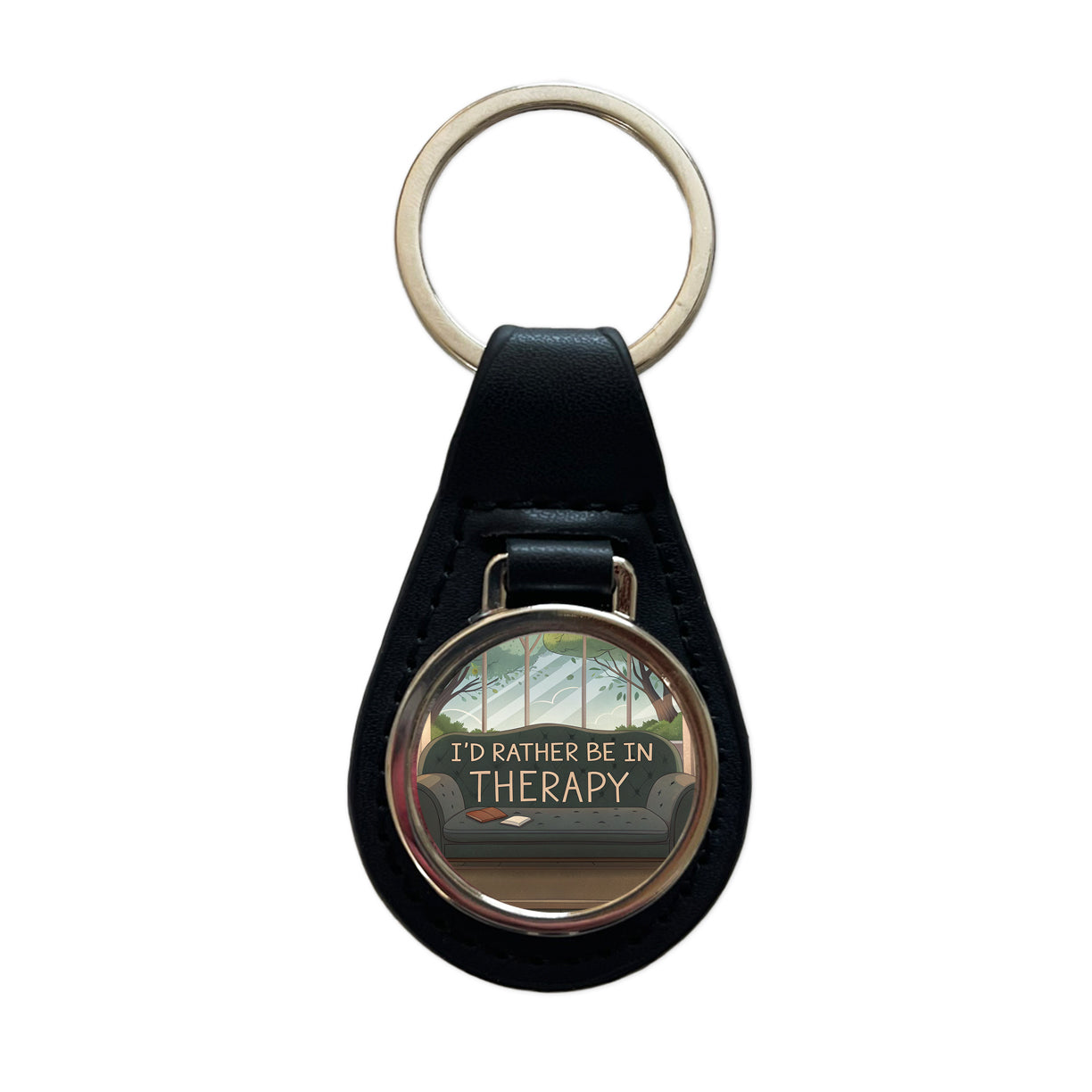 I'd Rather Be In Therapy Therapist Psychiatrist Black Leather Metal Keychain
