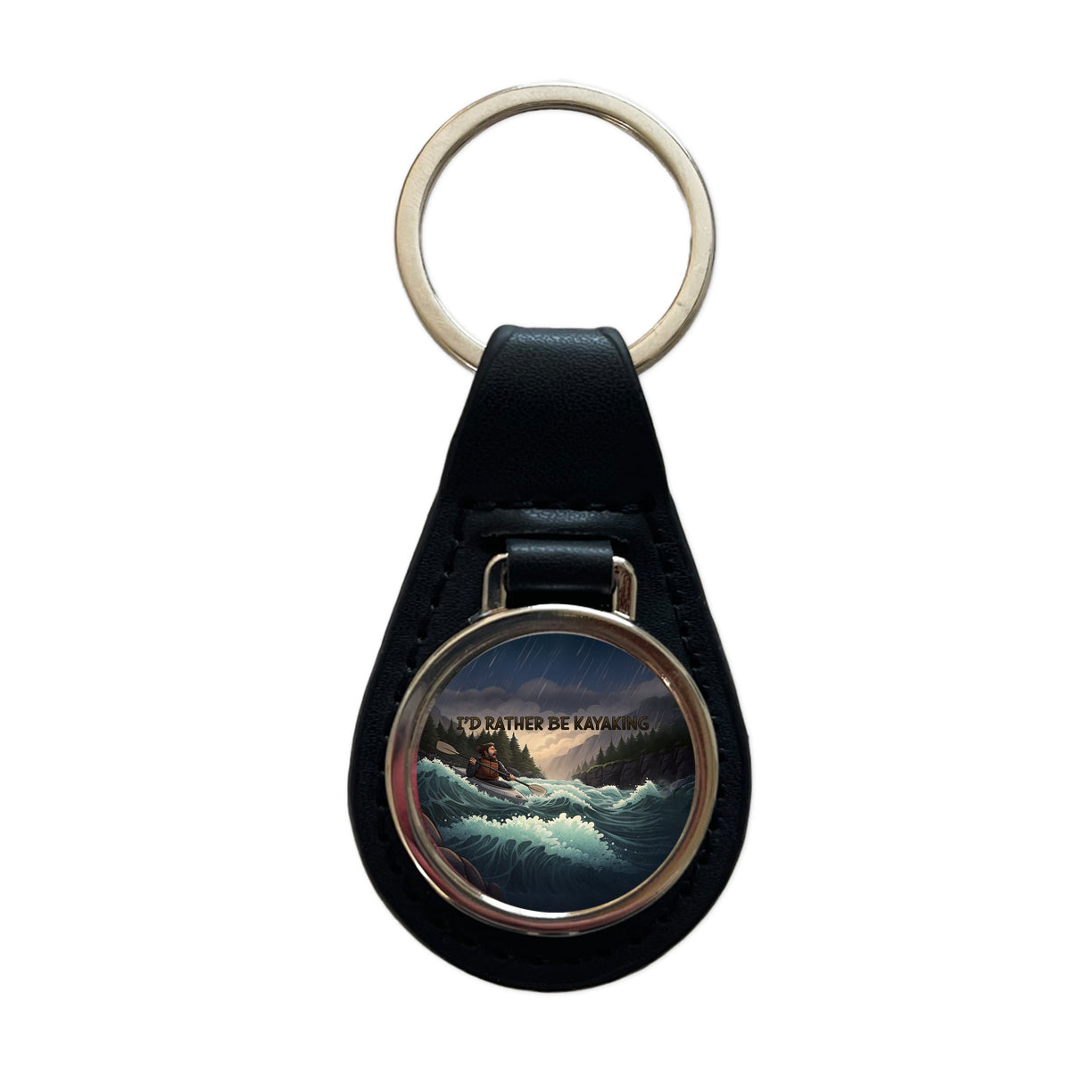I'd Rather Be Kayaking Man Kayaker Raging River Black Leather Metal Keychain