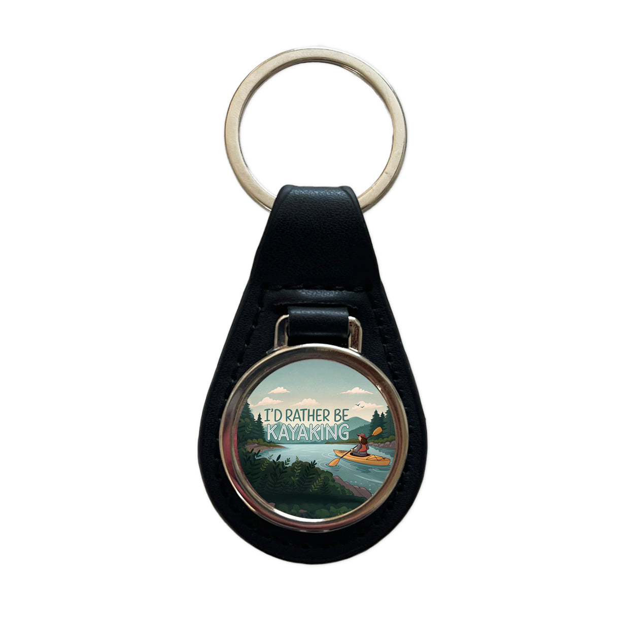 I'd Rather Be Kayaking Woman Kayaker Black Leather Metal Keychain