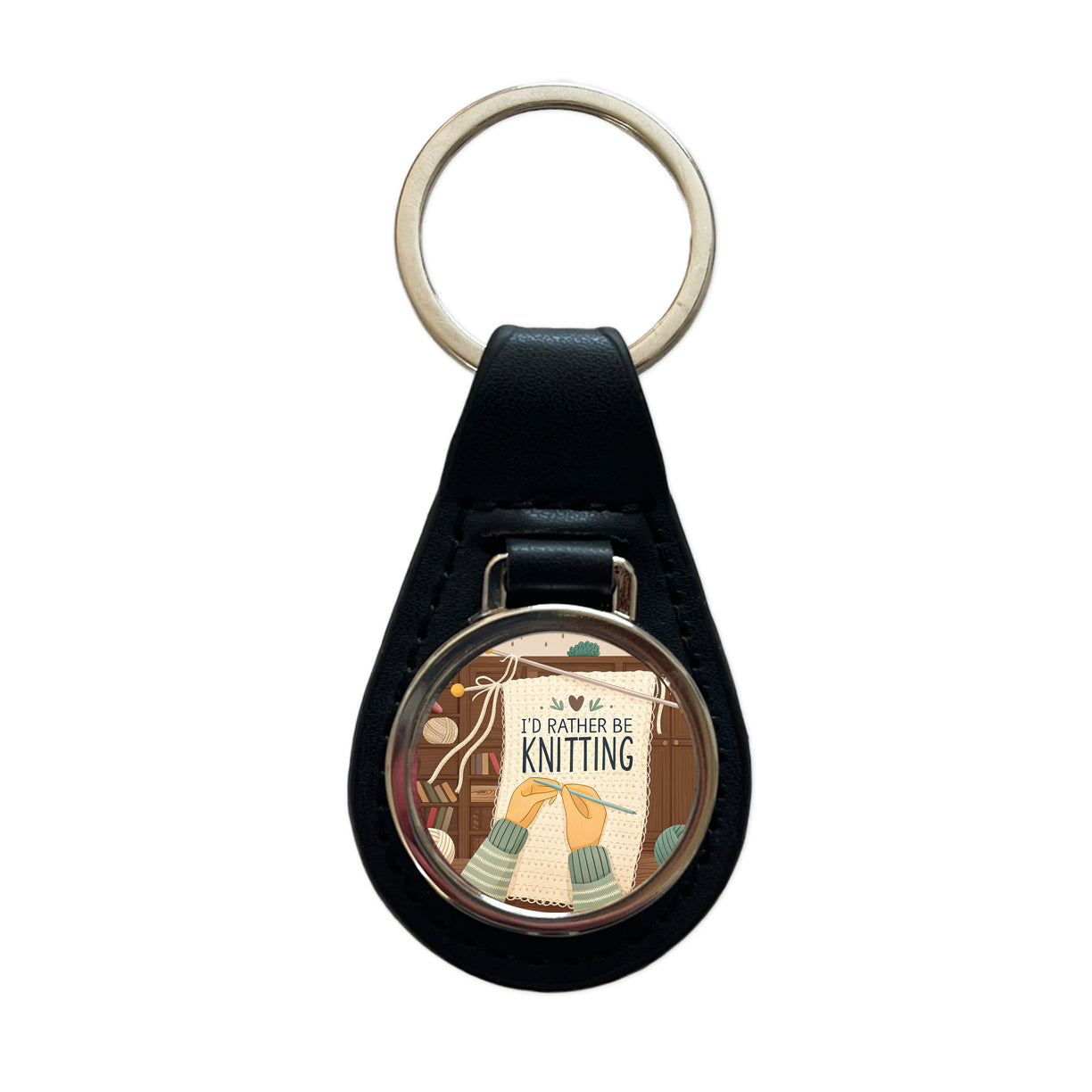 I'd Rather Be Knitting Knit Yarn Needles Black Leather Metal Keychain