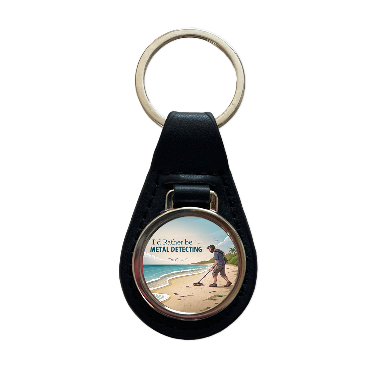 I'd Rather Be Metal Detecting Black Leather Metal Keychain
