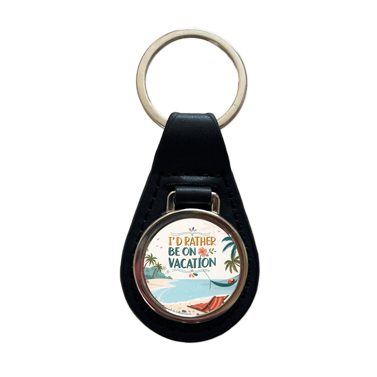 I'd Rather Be On Vacation Tropical Beach Black Leather Metal Keychain