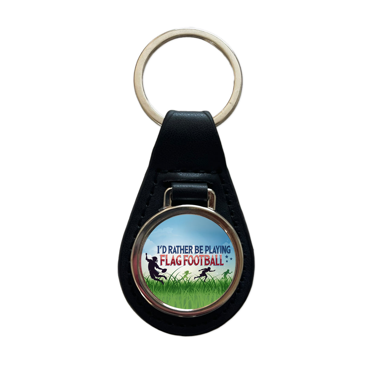 I'd Rather Be Playing Flag Football Black Leather Metal Keychain