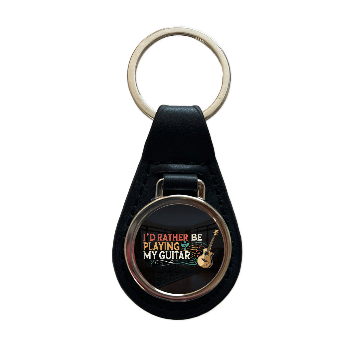 I'd Rather Be Playing My Guitar Acoustic Black Leather Metal Keychain