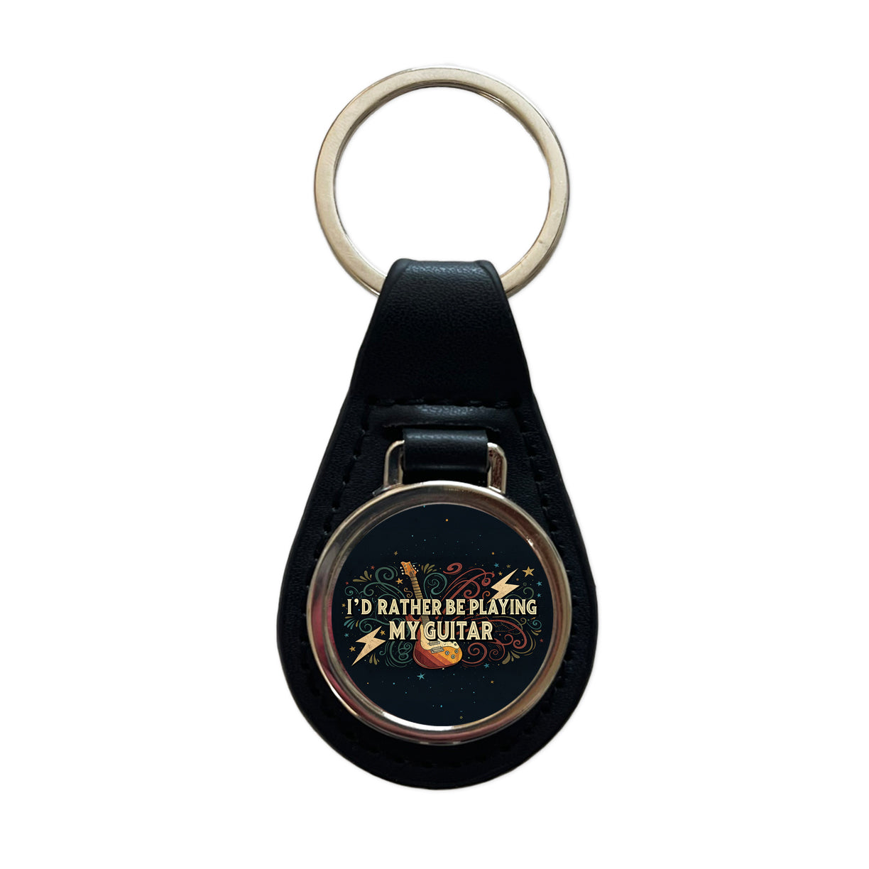 I'd Rather Be Playing My Guitar Rock And Roll Black Leather Metal Keychain