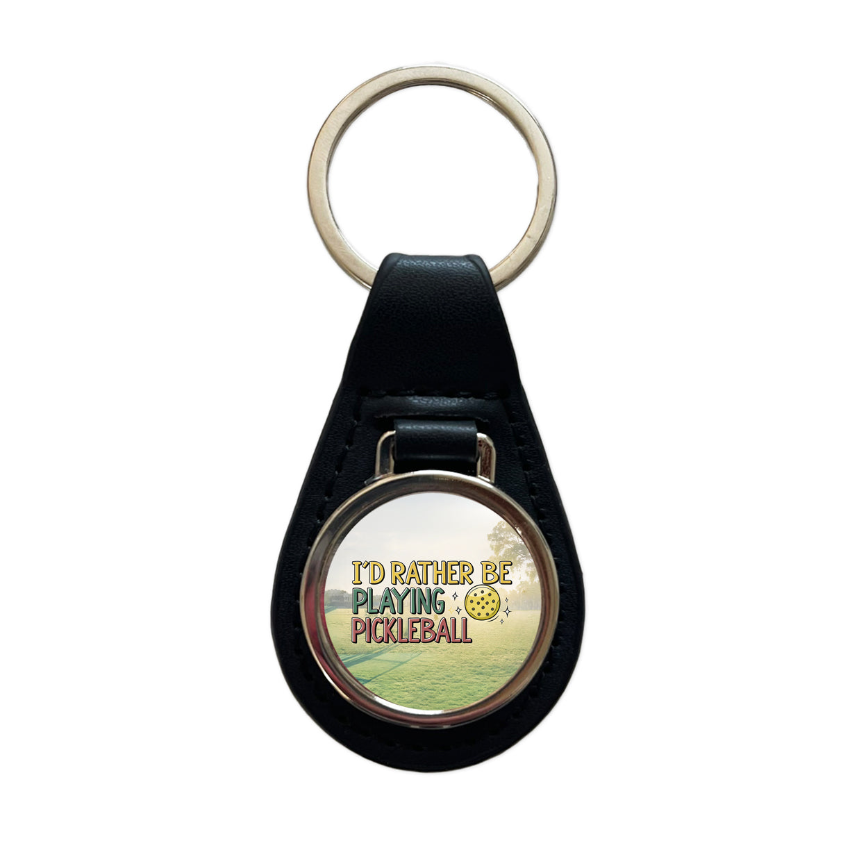 I'd Rather Be Playing Pickleball Ball Black Leather Metal Keychain
