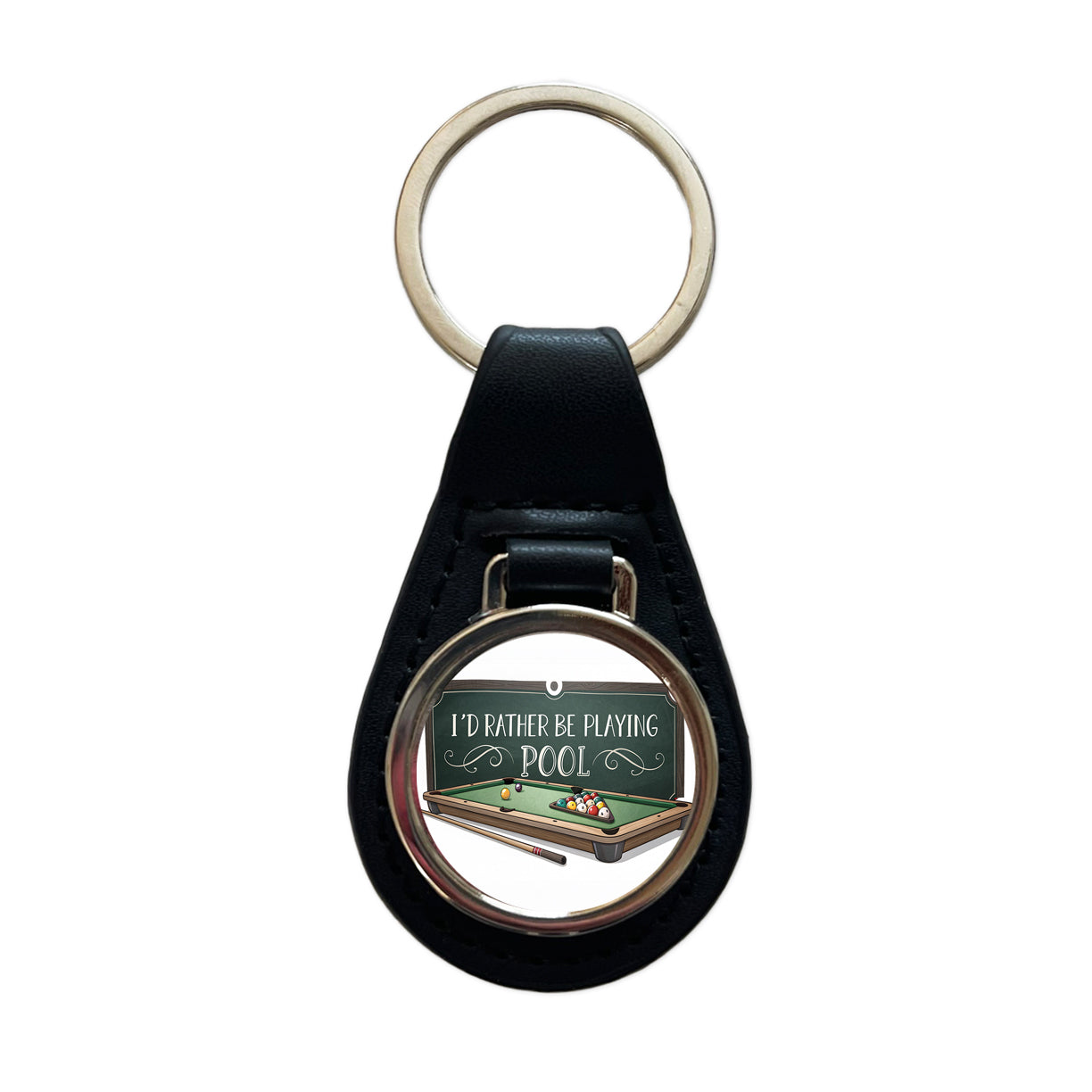 I'd Rather Be Playing Pool Black Leather Metal Keychain