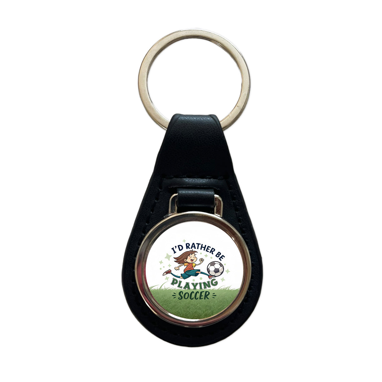 I'd Rather Be Playing Soccer Black Leather Metal Keychain