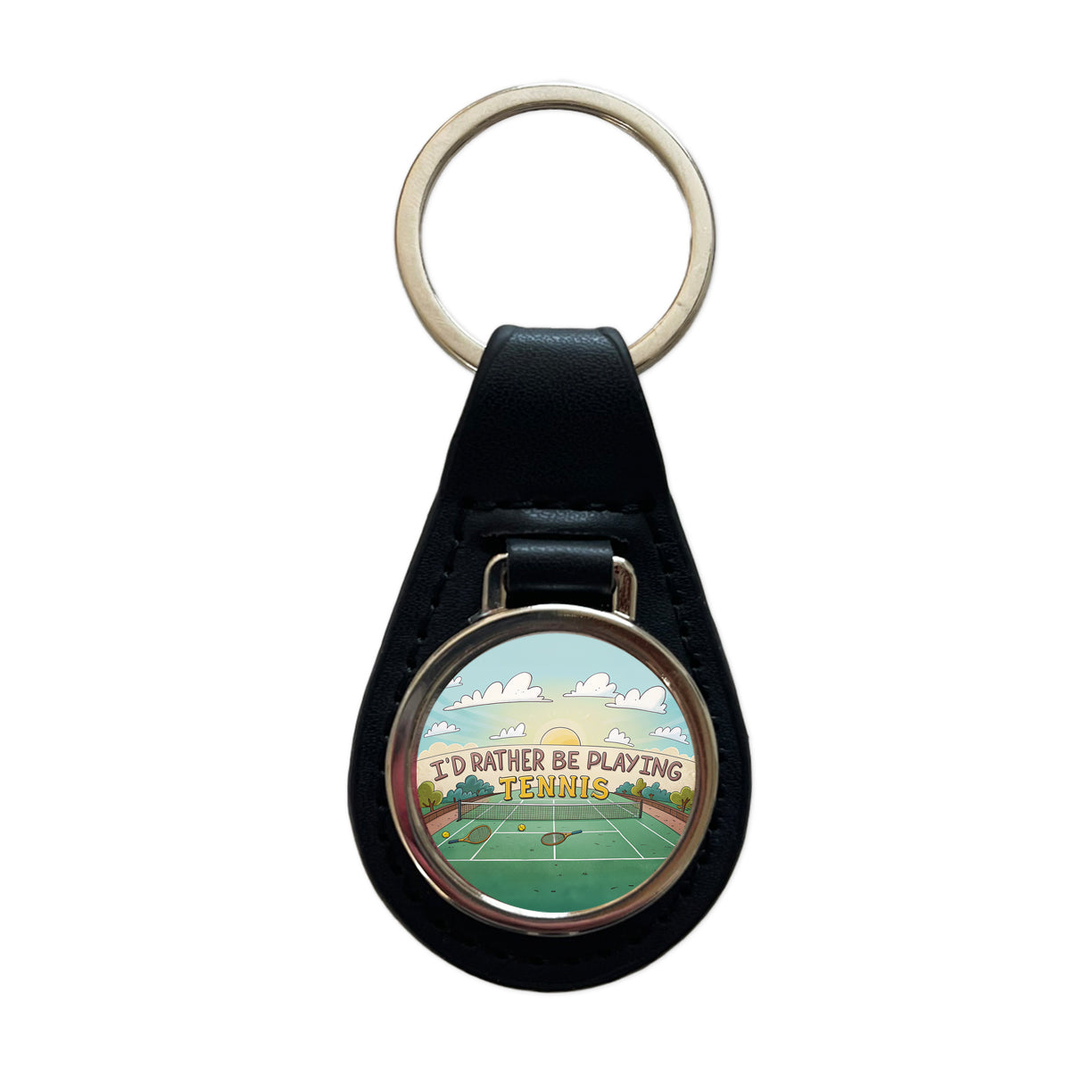 I'd Rather Be Playing Tennis Cartoon Court Black Leather Metal Keychain