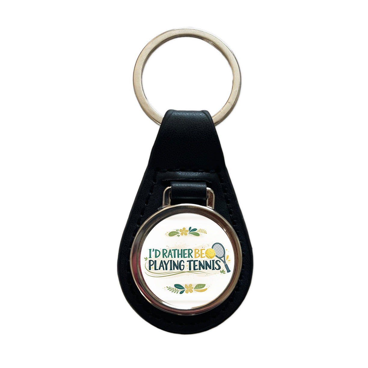 I'd Rather Be Playing Tennis Black Leather Metal Keychain