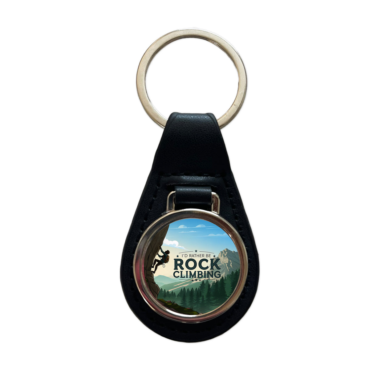 I'd Rather Be Rocking Climbing Black Leather Metal Keychain