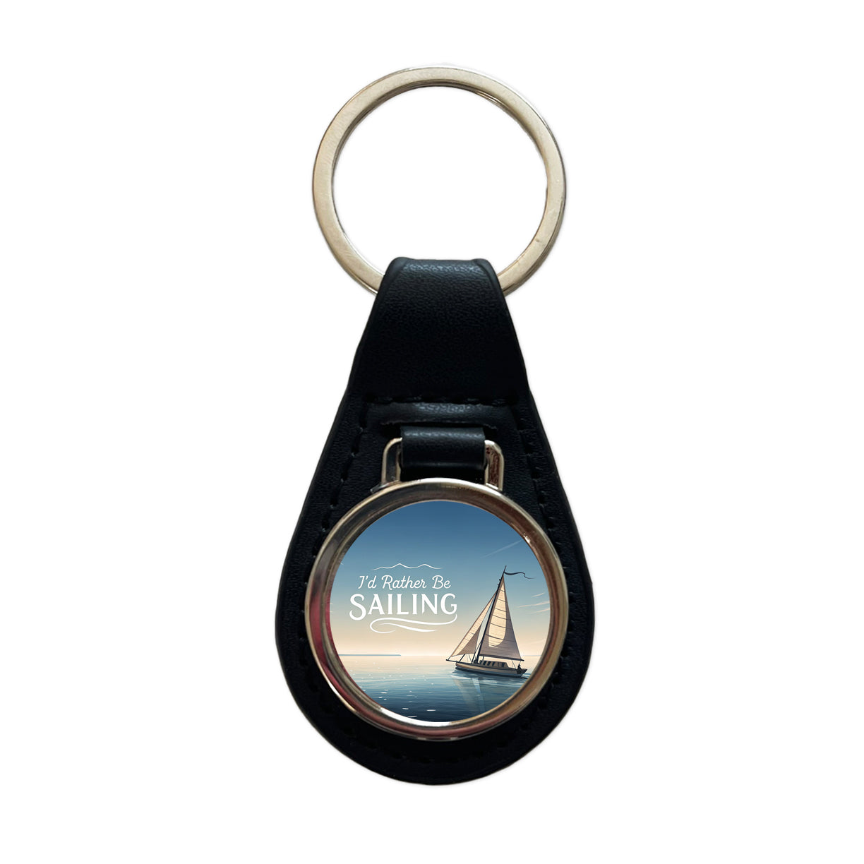 I'd Rather Be Sailing Sailboat Black Leather Metal Keychain