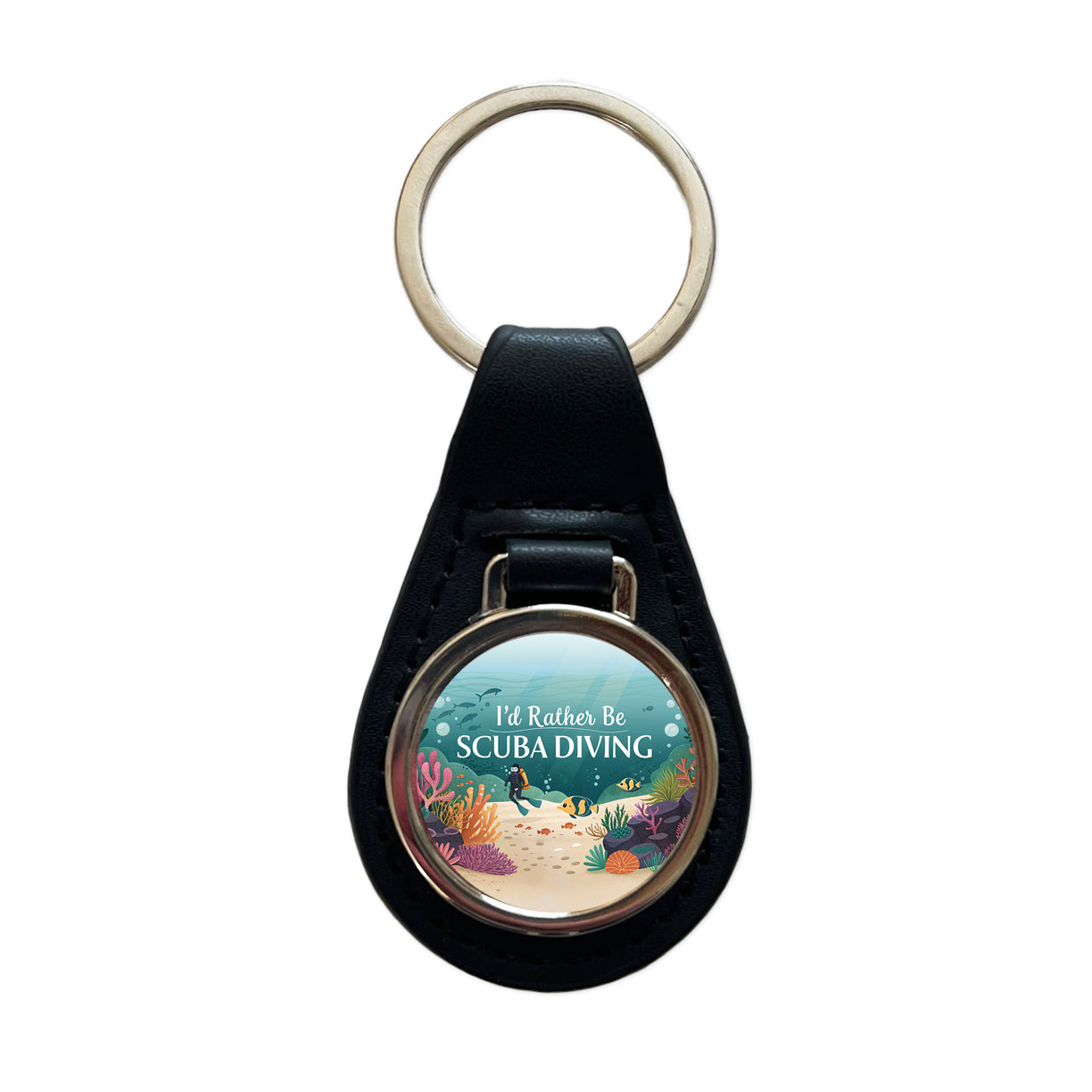 I'd Rather Be Scuba Diving Diver Underwater Black Leather Metal Keychain