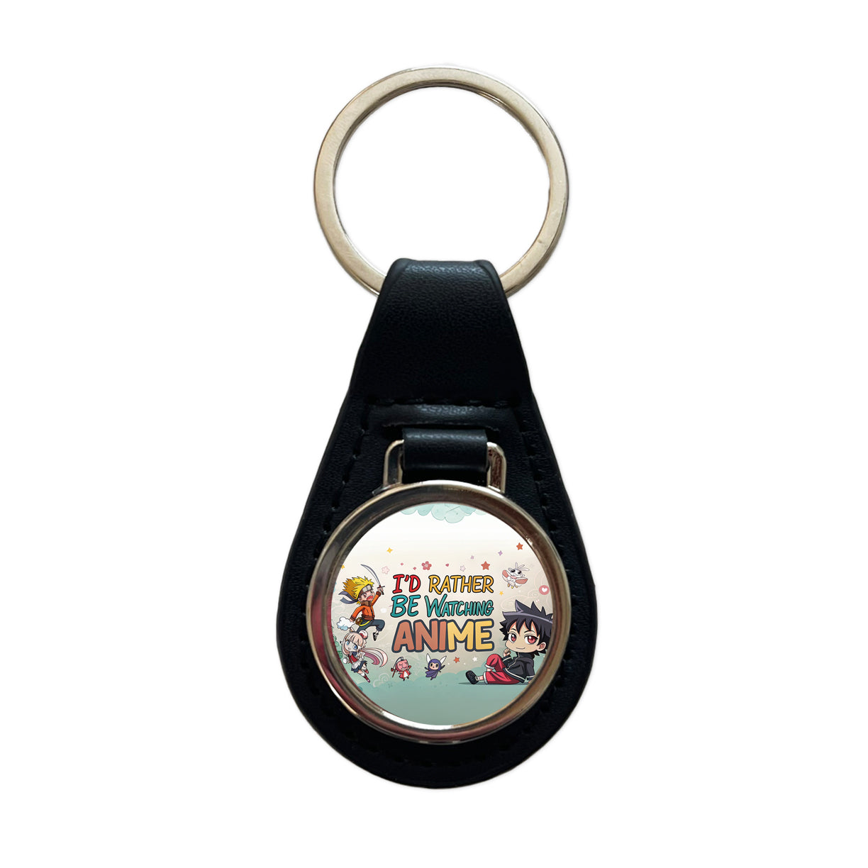 I'd Rather Be Watching Anime Black Leather Metal Keychain