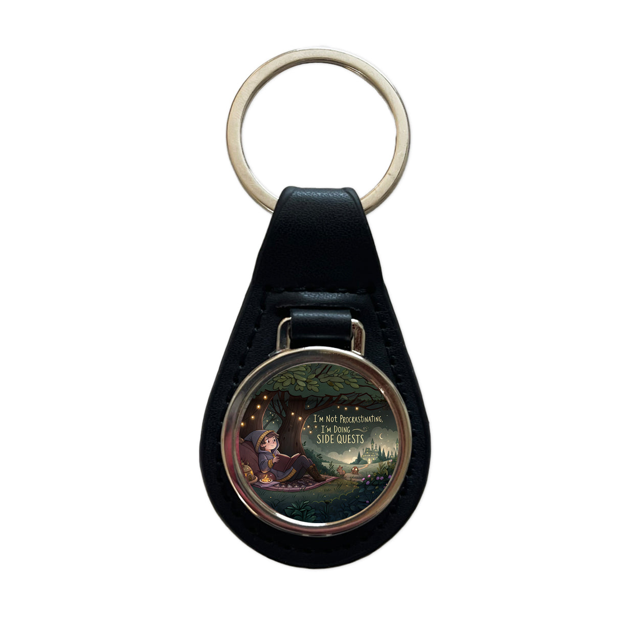 I'm Not Procrastinating Doing Side Quests Funny Fantasy Black Leather Metal Keychain
