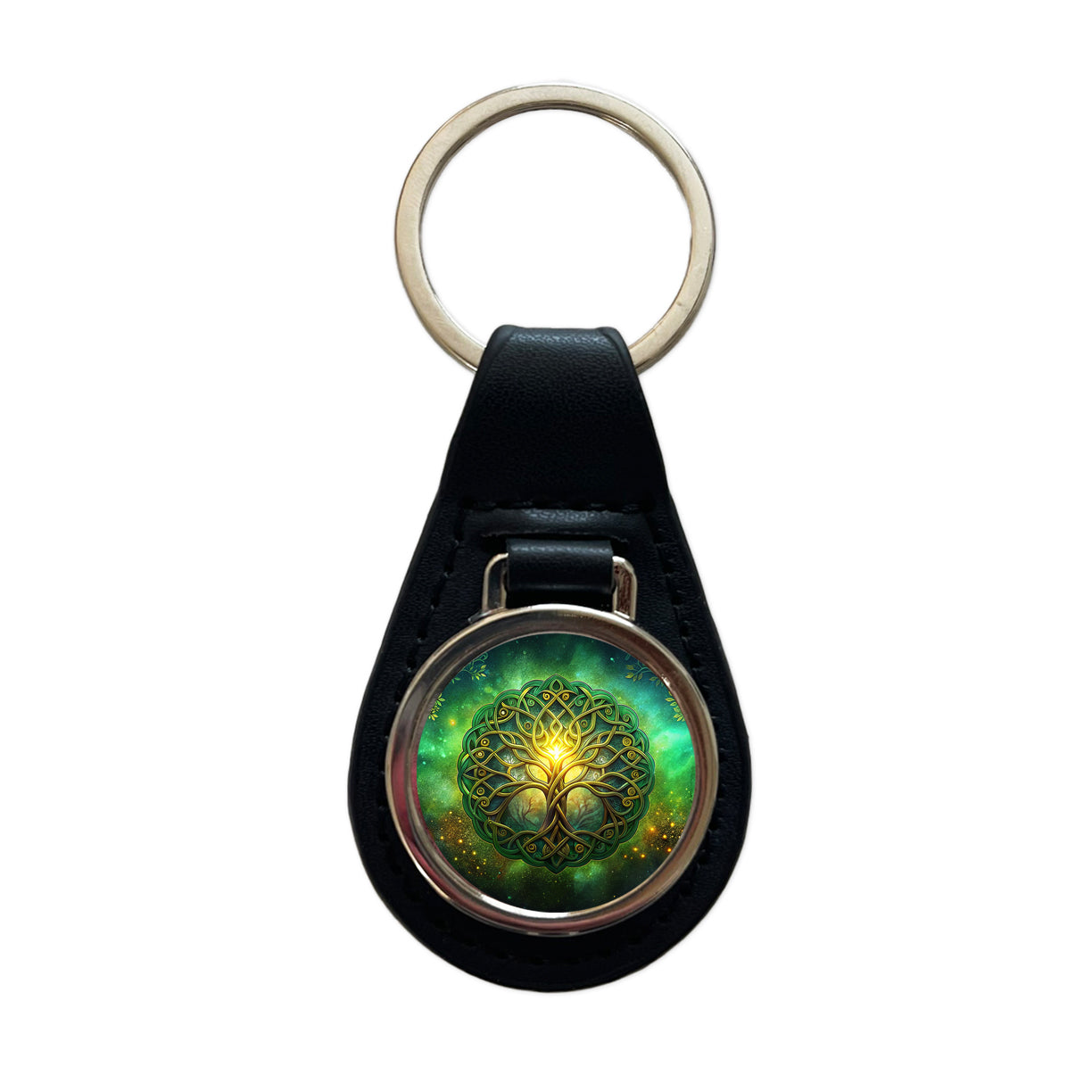 Irish Celtic Elegant Tree Of Life Black Leather Metal Keychain