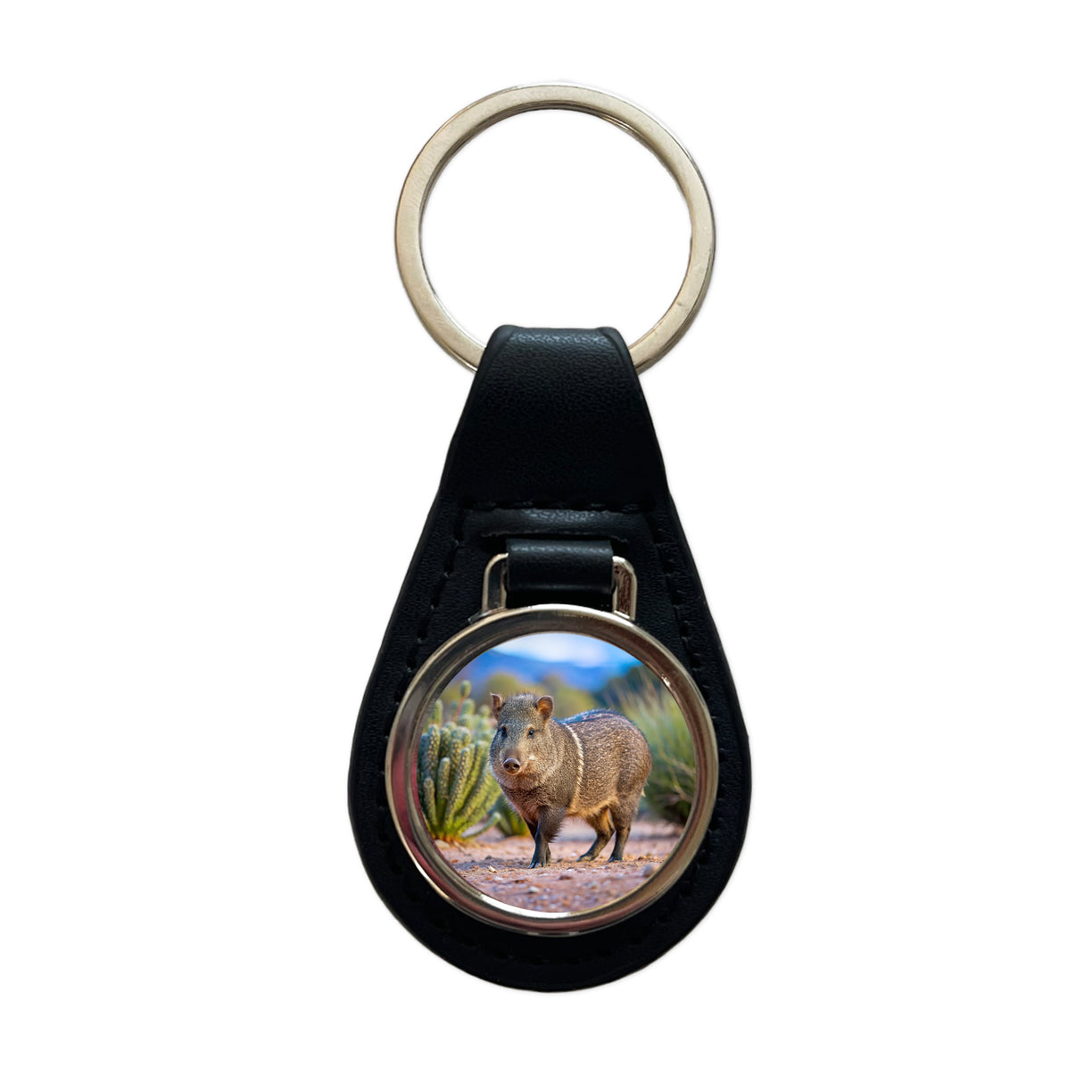 Javelina in Nature Black Leather Metal Keychain