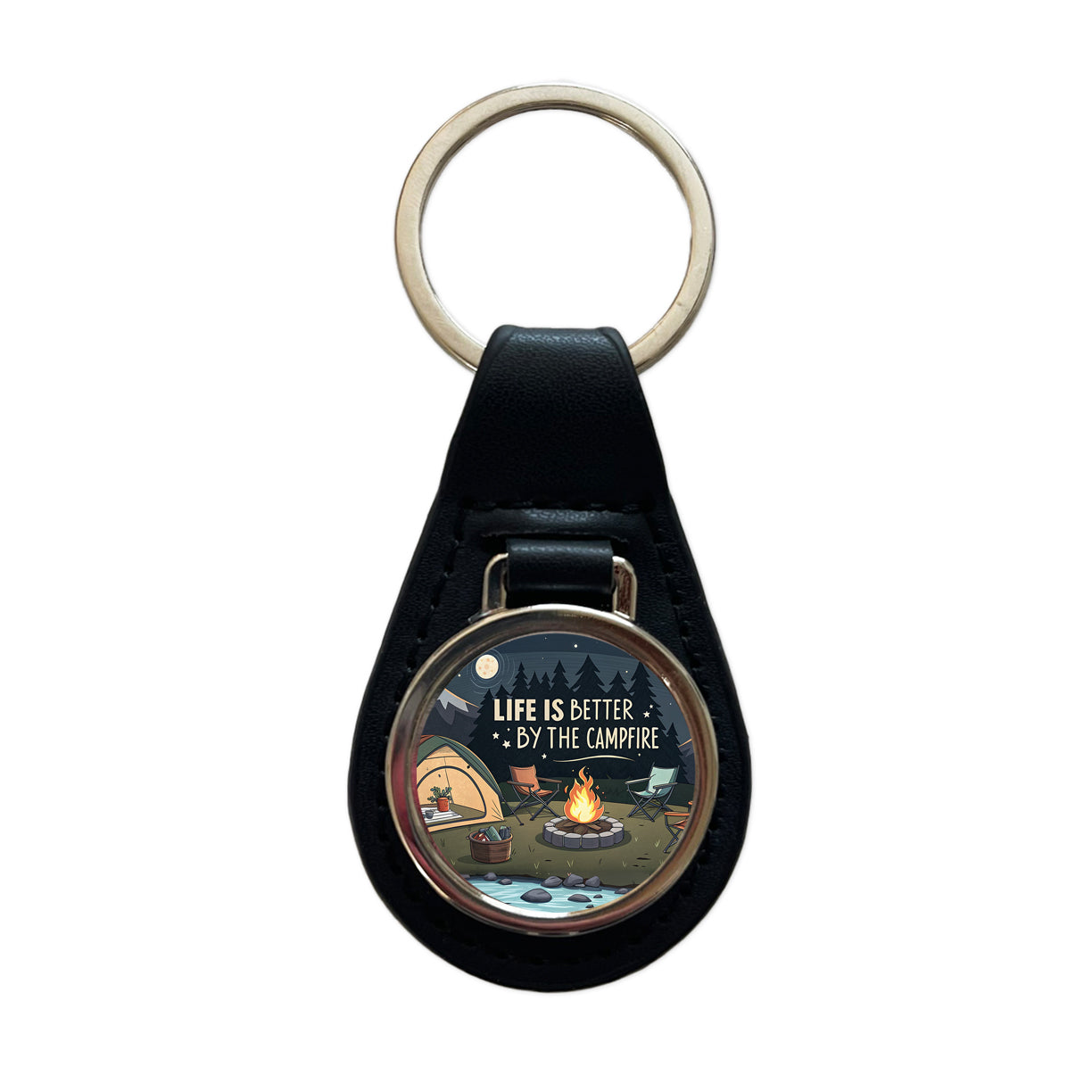 Life is Better By The Campfire Camping Black Leather Metal Keychain