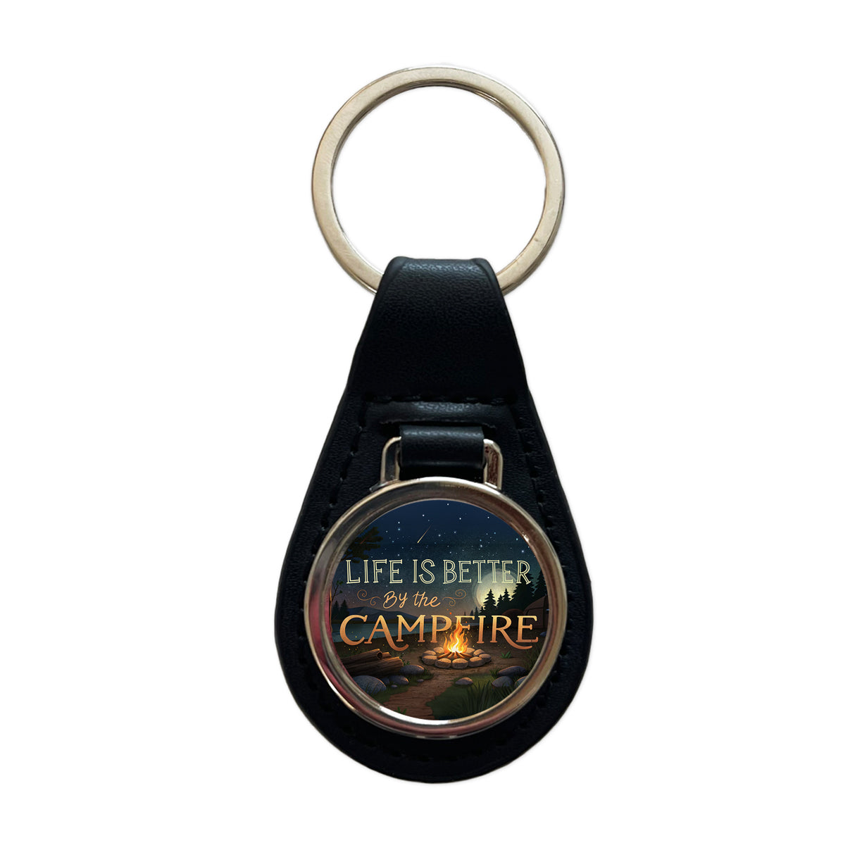 Life is Better By The Campfire Hiking Camping Black Leather Metal Keychain