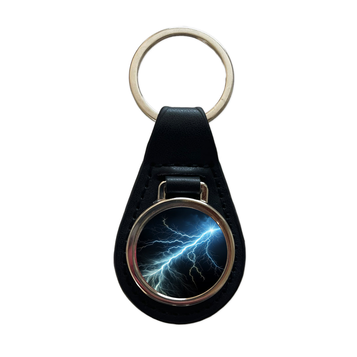 Lightning Bolt Strike at Night Black Leather Metal Keychain