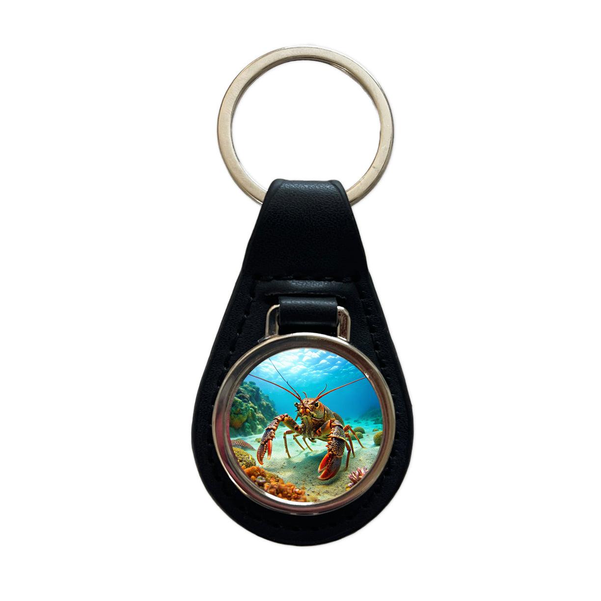 Lobster In The Ocean Black Leather Metal Keychain