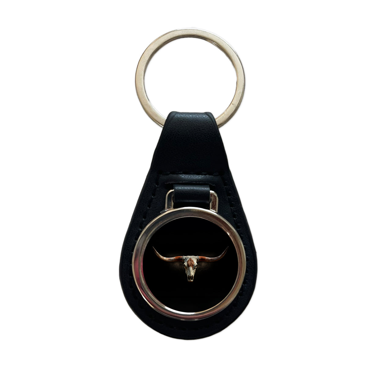 Longhorn Cattle Skull Black Leather Metal Keychain