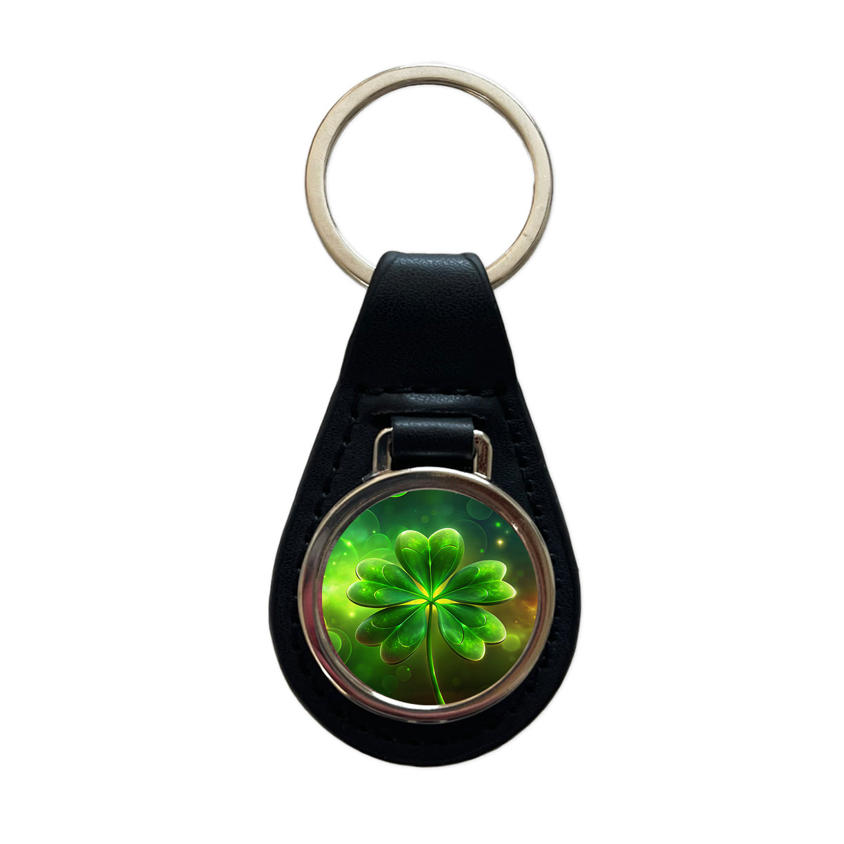 Lucky Irish Five Leaf Clover Black Leather Metal Keychain