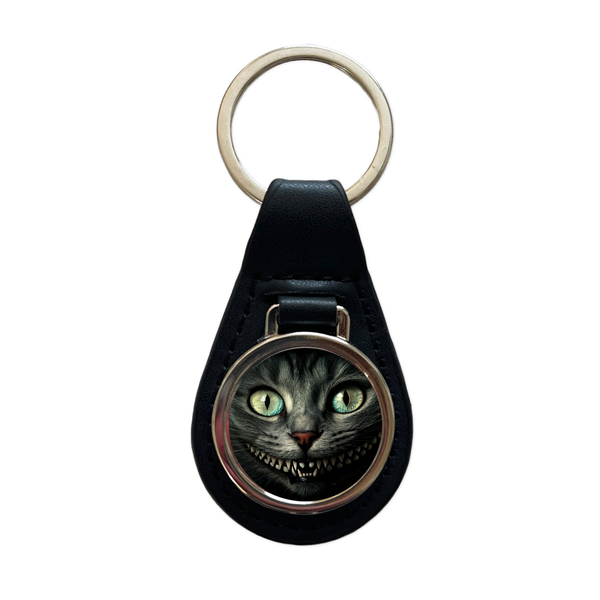 Mischievous Cheshire Cat Grin on Black Black Leather Metal Keychain