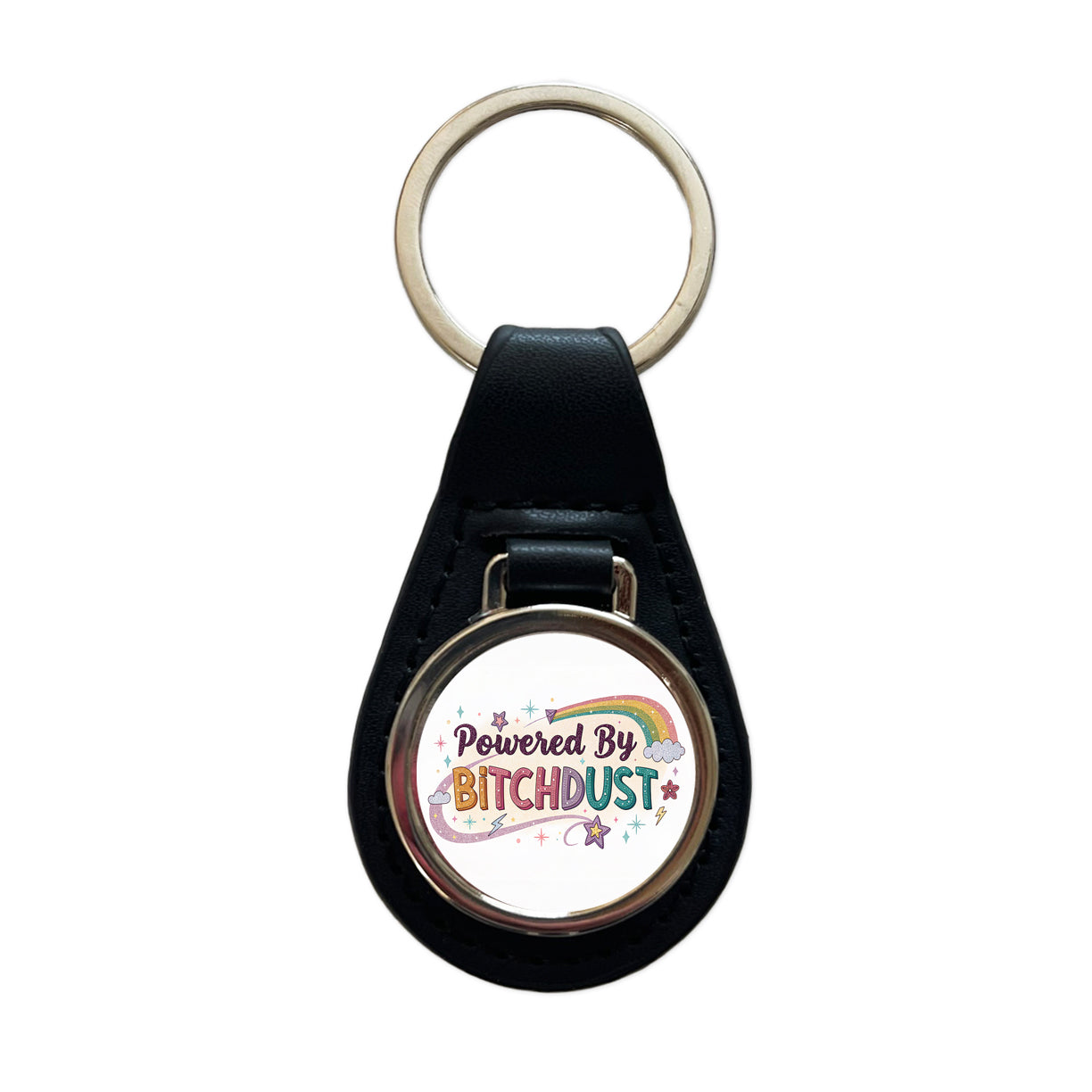 Powered By Bitchdust Sparkly Stars Rainbow Black Leather Metal Keychain