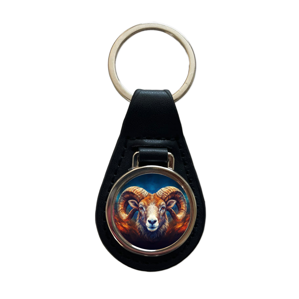 Ram Head Colorful Background Black Leather Metal Keychain
