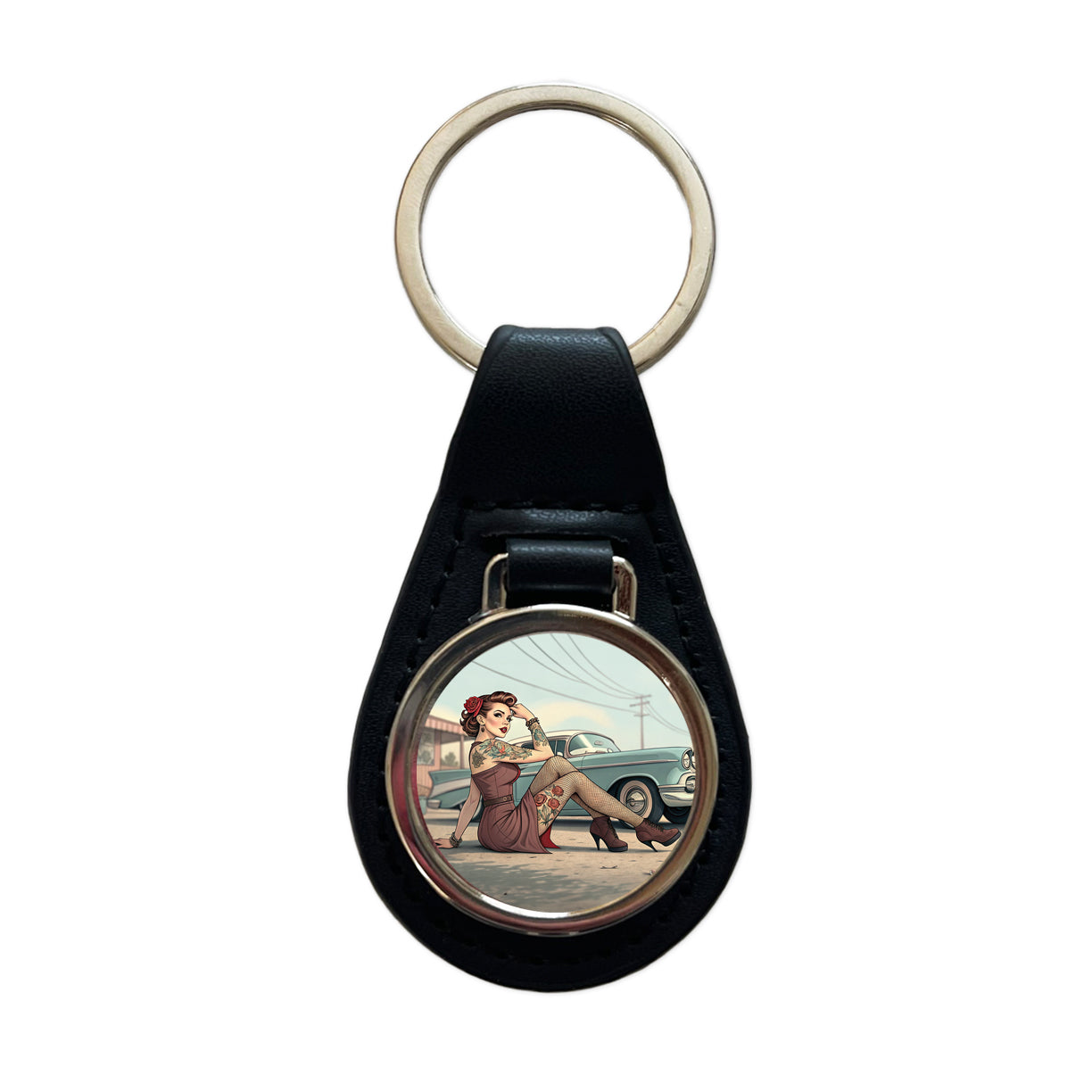 Rockabilly Retro 50's Pin-Up Girl With Tattoos Black Leather Metal Keychain