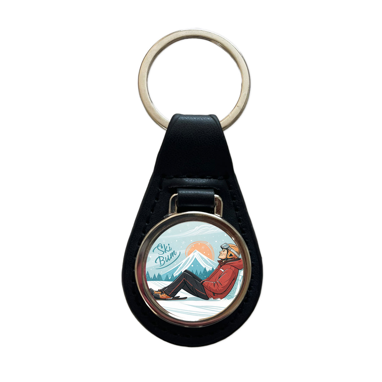 Ski Bum Lounging Black Leather Metal Keychain