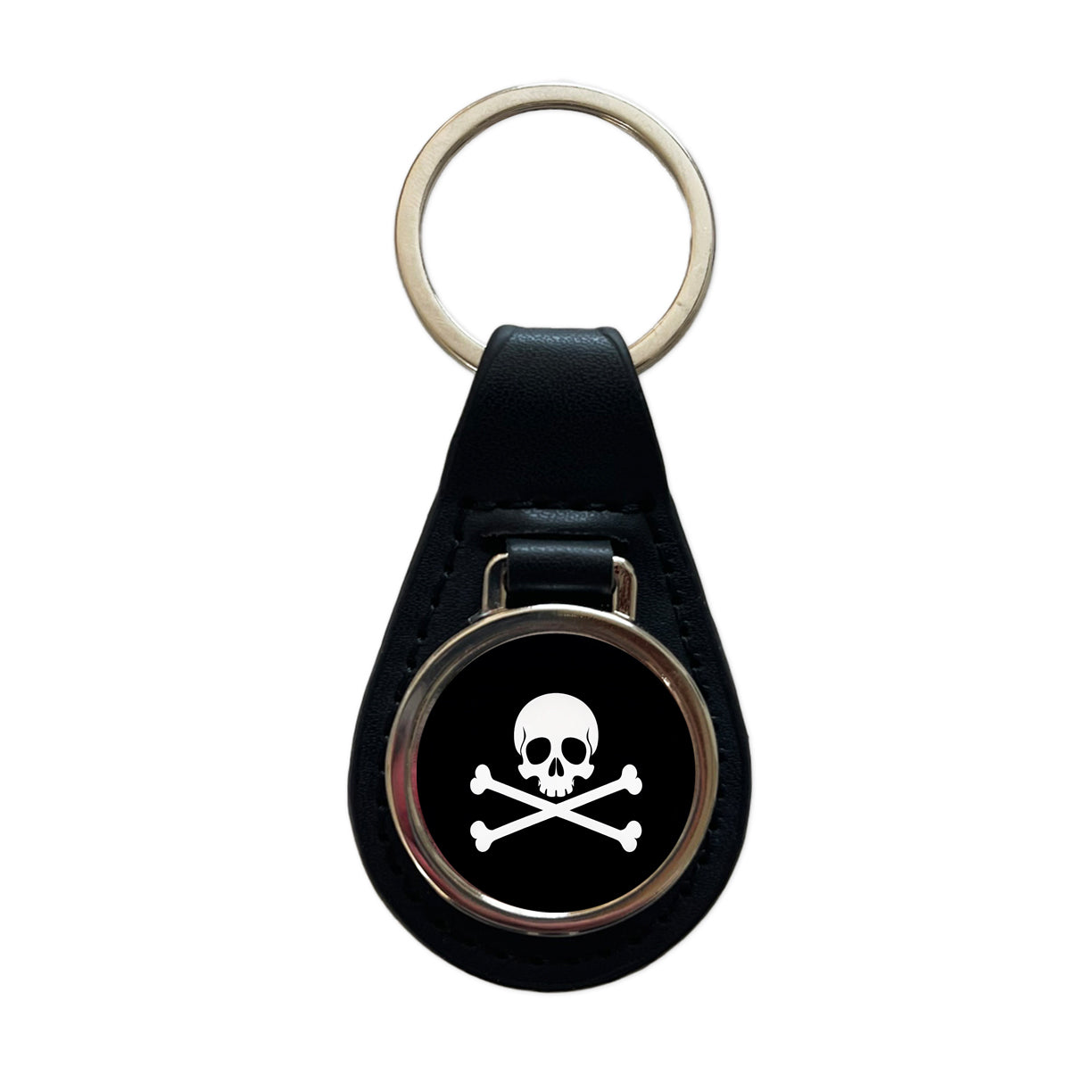 Skull And Crossbones Jolly Roger Pirate Flag Black And White Black Leather Metal Keychain