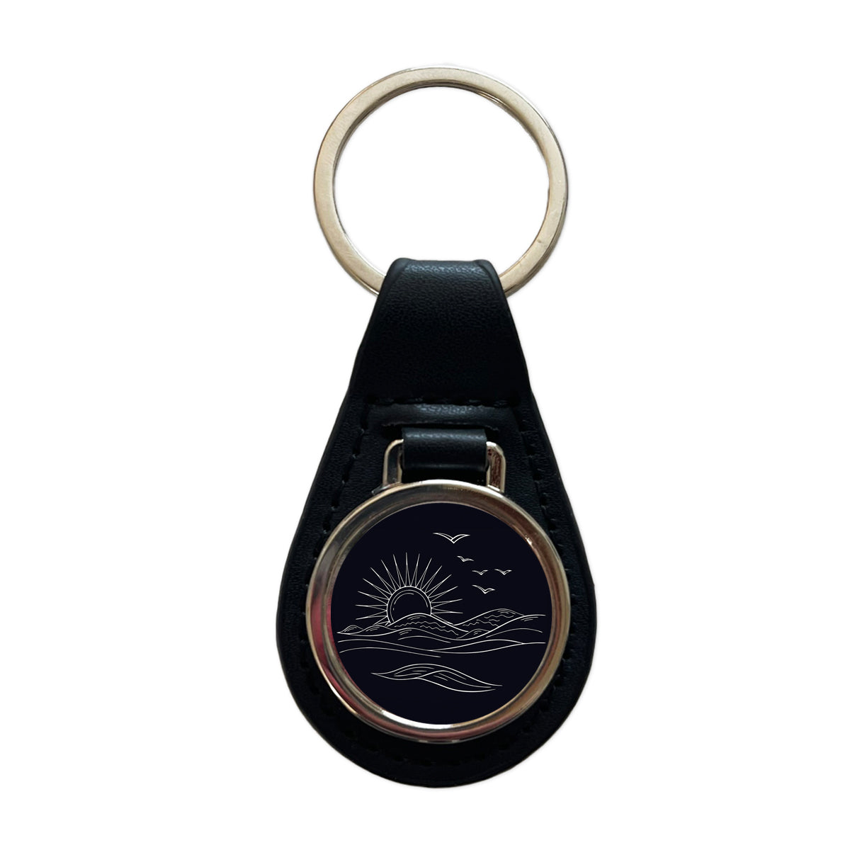 Sunrise And Ocean Wave Outline Illustration Black Leather Metal Keychain