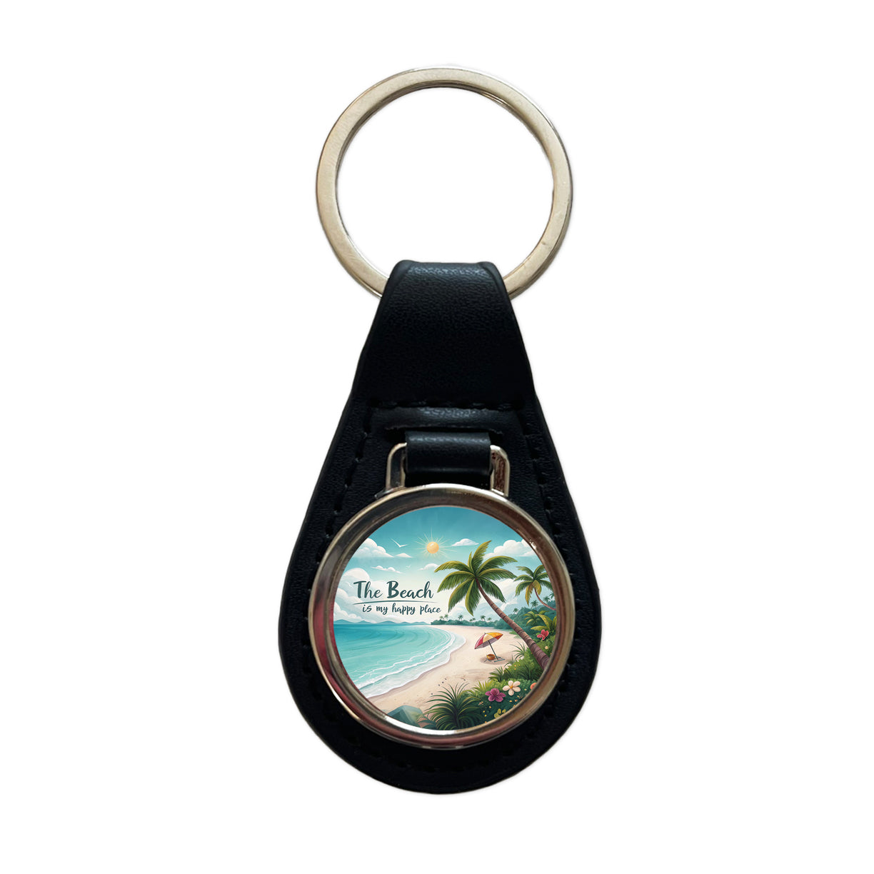 The Beach Is My Happy Place Tropical Black Leather Metal Keychain