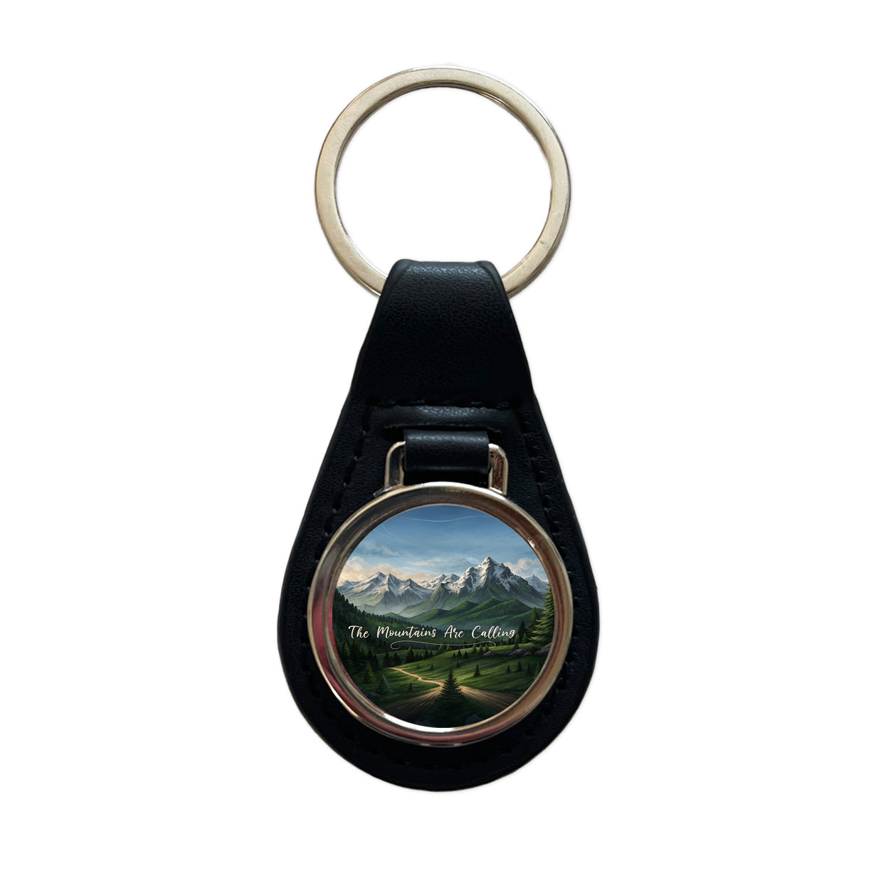 The Mountains Are Calling Hiking Camping Outdoors Adventure Black Leather Metal Keychain