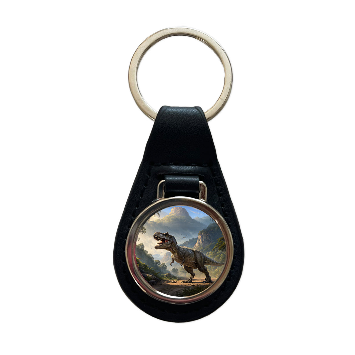 Tyrannosaurus T-Rex Dinosaur in the Wild Black Leather Metal Keychain