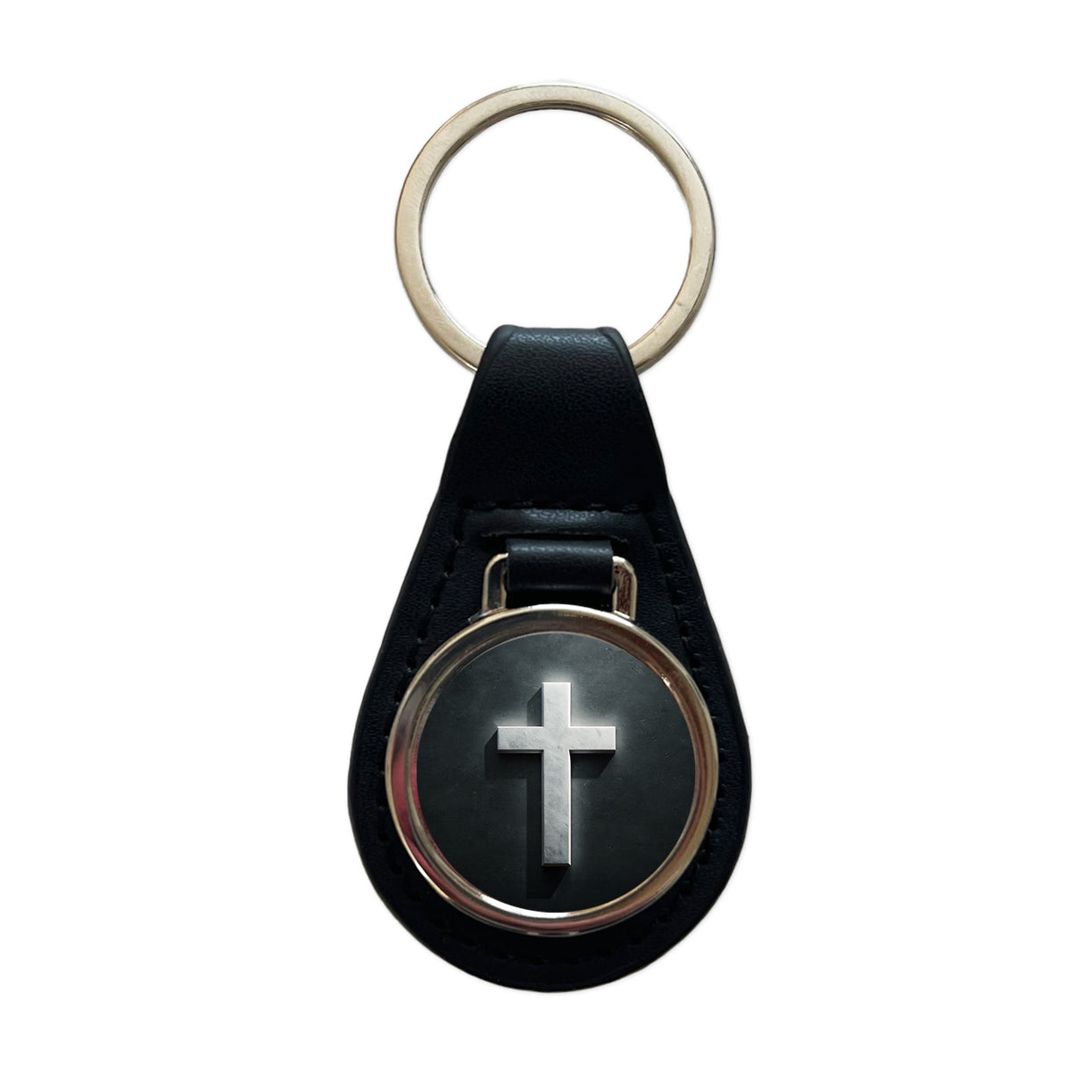 White Cross On Dark Background Religious Black Leather Metal Keychain