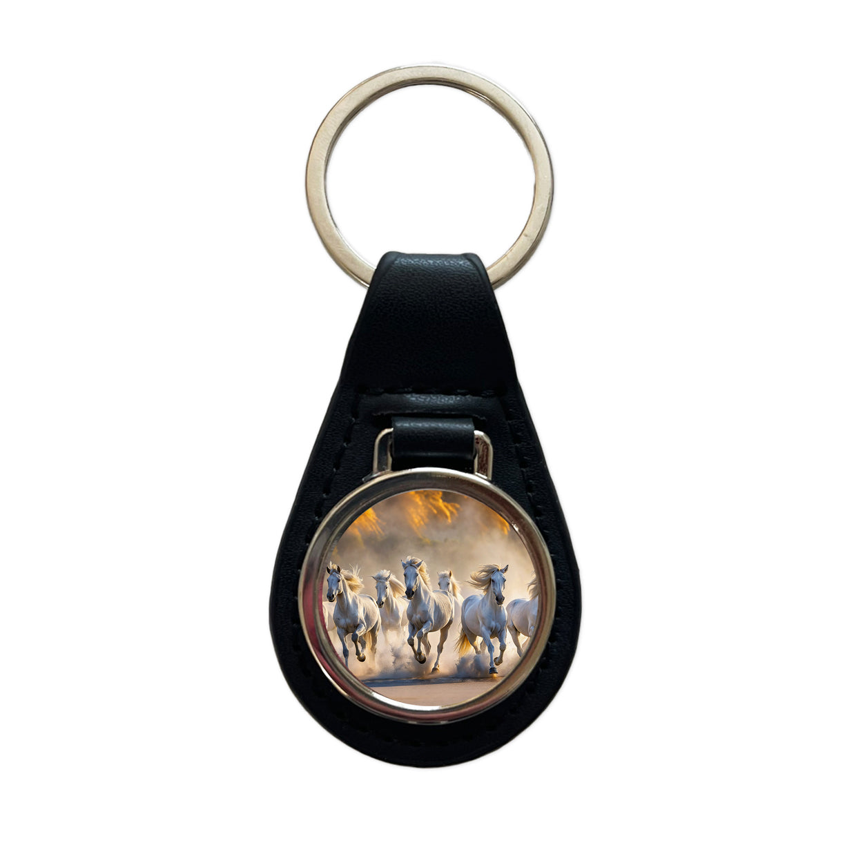 White Horses Galloping Out Of The Mist Black Leather Metal Keychain