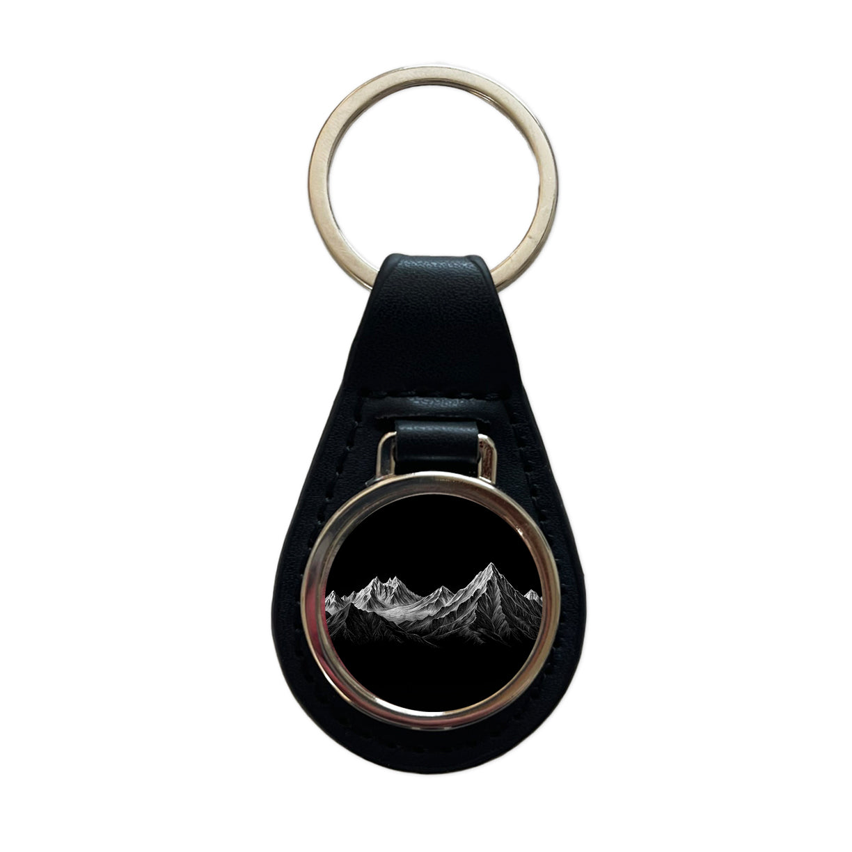 White Mountains On Black Outdoors Hiking Camping Black Leather Metal Keychain
