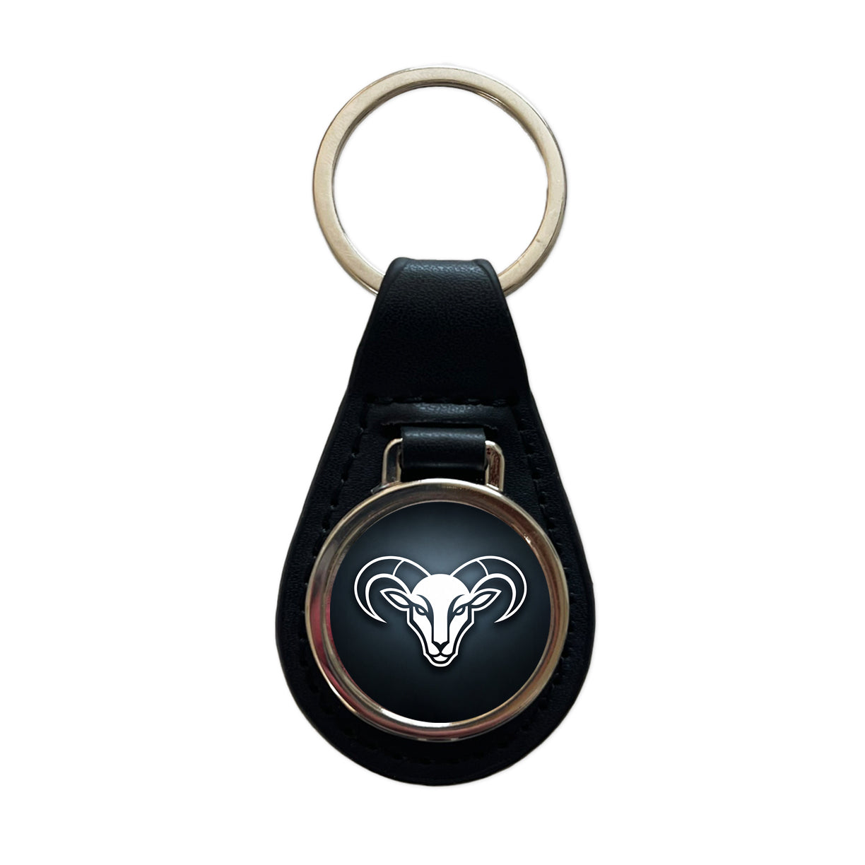 White Ram Head Illustration Outline Black Leather Metal Keychain